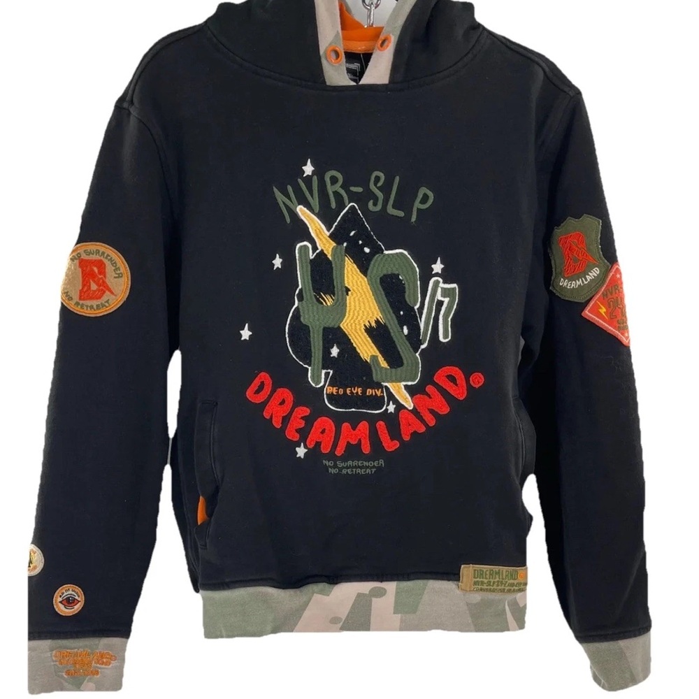 DREAMLAND Men’s Black Hoodie SZ M Embroidered Detail Patches No Surrender - Picture 3 of 14